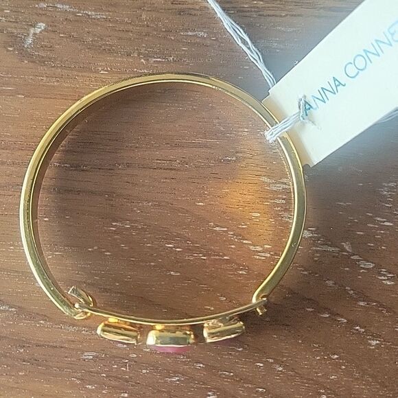 NWT Janna Conner Pink Agate Ruby 18kt Gold Bracelet Good Luck Cuff Bangle Dainty - Picture 5 of 12